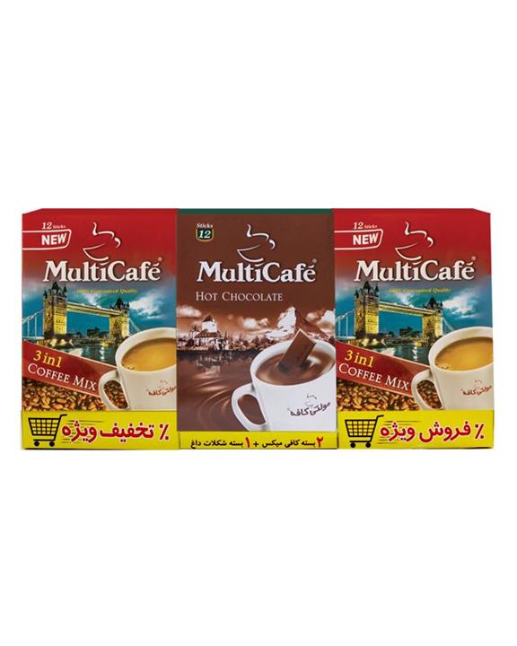 MultiCafe پک 3 عددی 2 بسته کافی میکس12 عددی +1 بسته هات چاکلت 12 عددی مولتی کافه